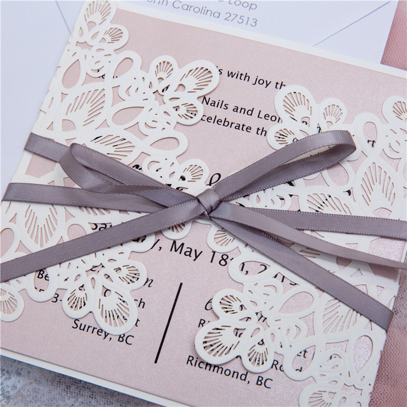 Gray Ribbon Laser Cut Wedding Invitations Createve Stationery Designs